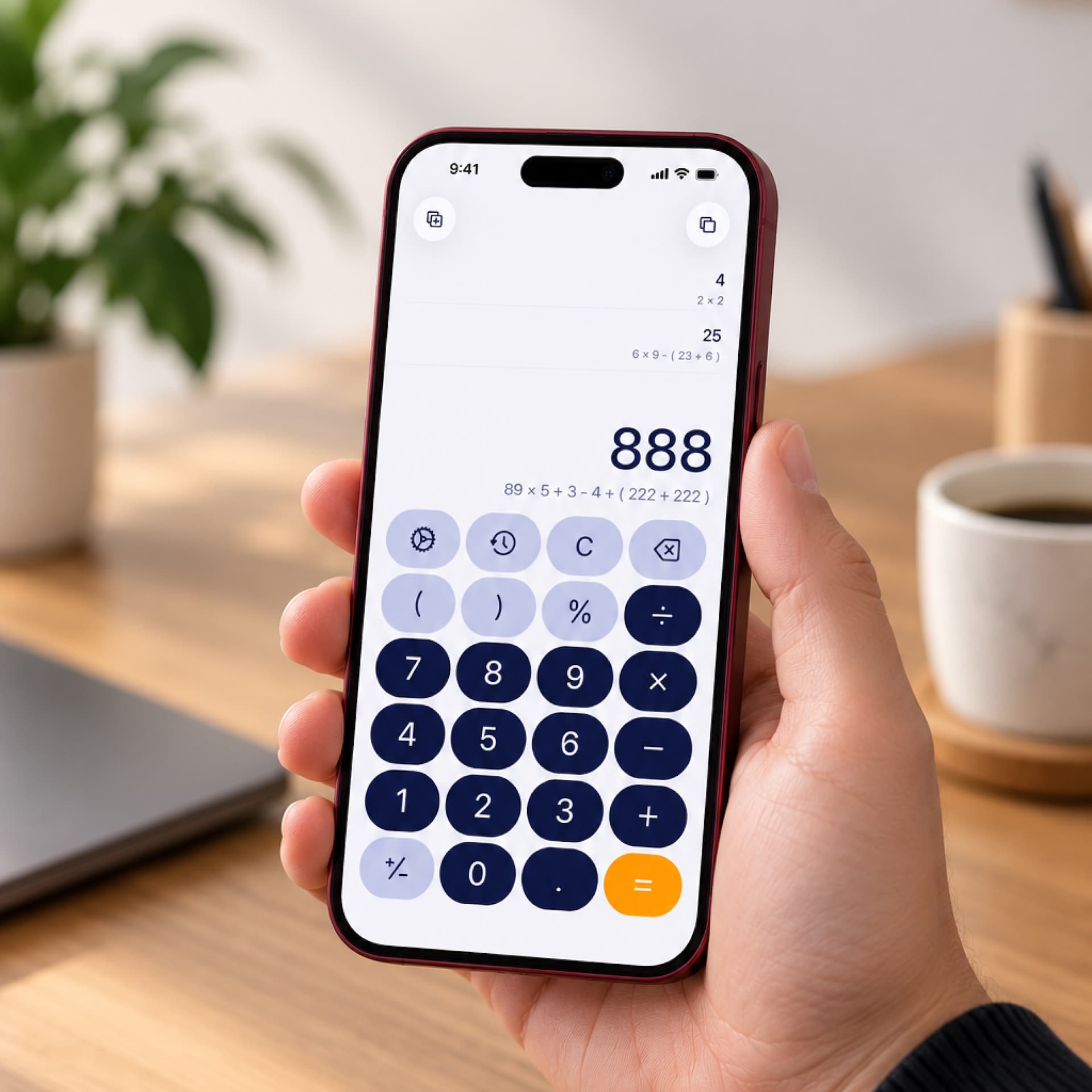 A hand holding a phone with Calc Plus, showing its navy calculator buttons, orange equals button, and recent calculations.